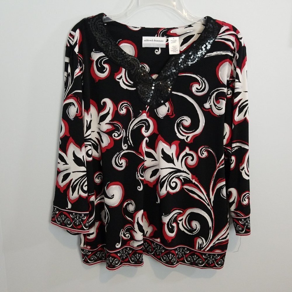 Alfred Dunner sequin dressy red & black blouse embellished size Petite Large
